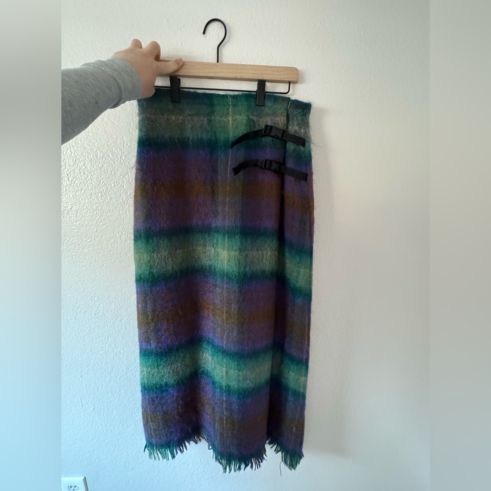 Ralph Lauren Mohair Wool Faux Wrap Plaid Fringe Midi Skirt